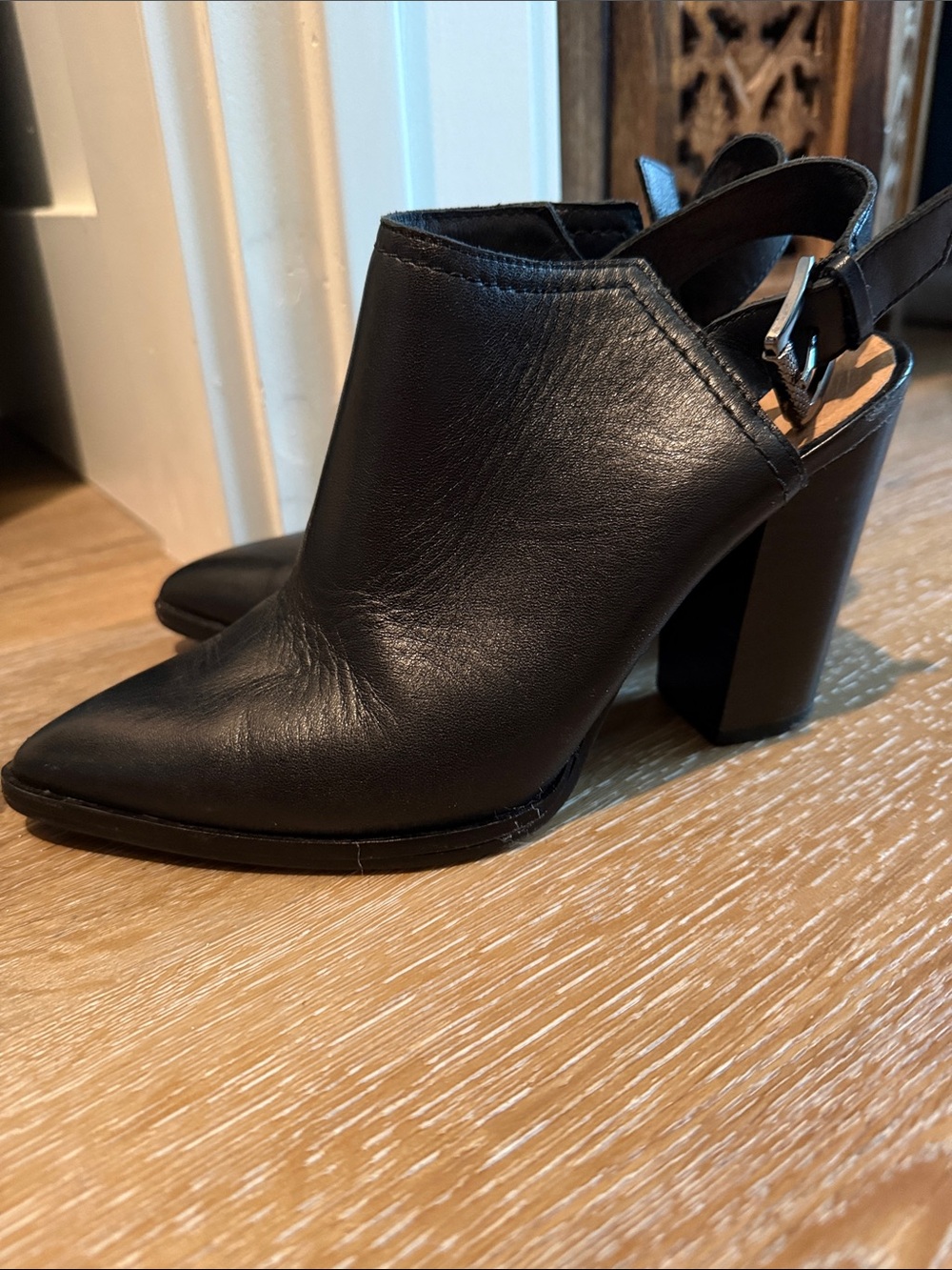 Halogen Black Leather Pointed Slingback Block Heels